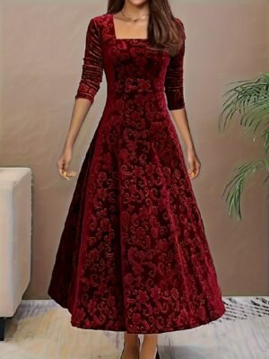 Women's Floral Midi Dress Square Neck 3/4 Sleeve